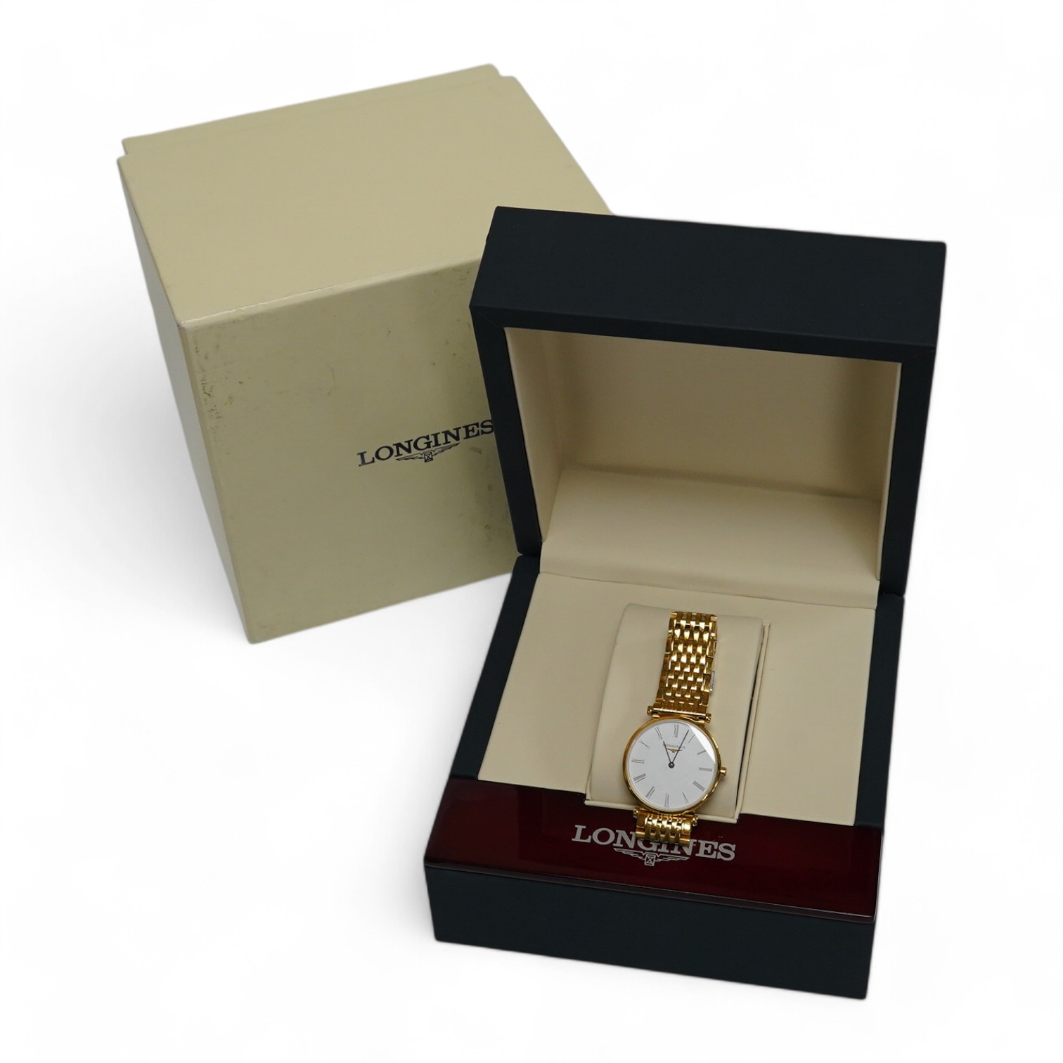 A lady's steel and gold plated Longines Le Grande Classique quartz wrist watch, white dial, case diameter 30mm, flexible link bracelet, boxed with papers.